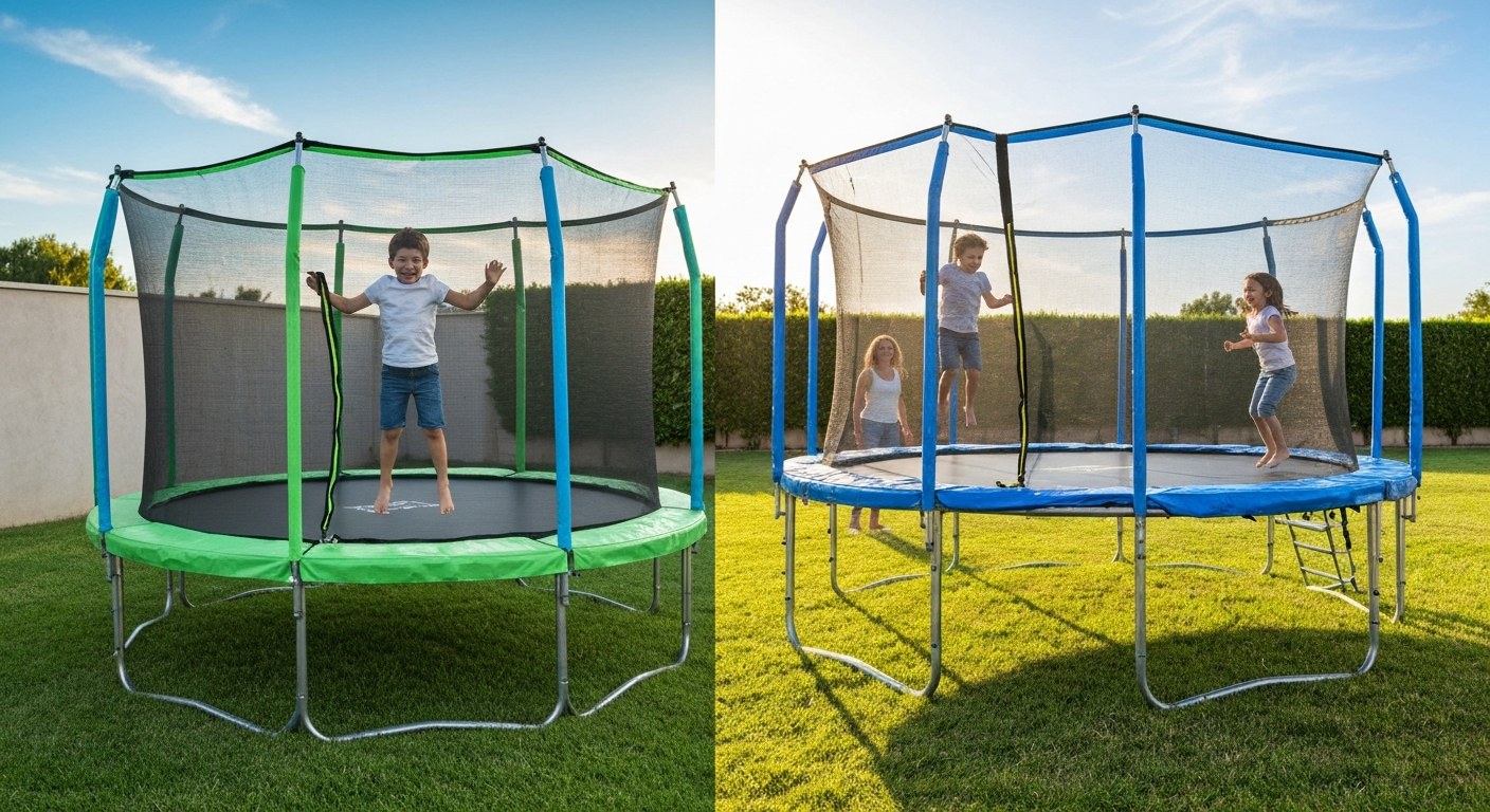 טרמפולינה פנימית עם מוטות פיברגלאס לצד טרמפולינה חיצונית עם קפיצי מתכת בחצר משפחתית — השוואת FUN4U 2026